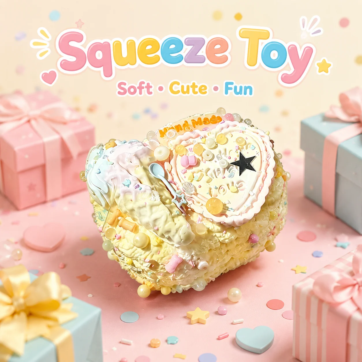 

Heart Shaped Cream Cake Mochi Squishy Toy Food Grade TPR Soft Dessert Squeeze Toy Candy Bead Star Decor Stress Relief Fidget Toy