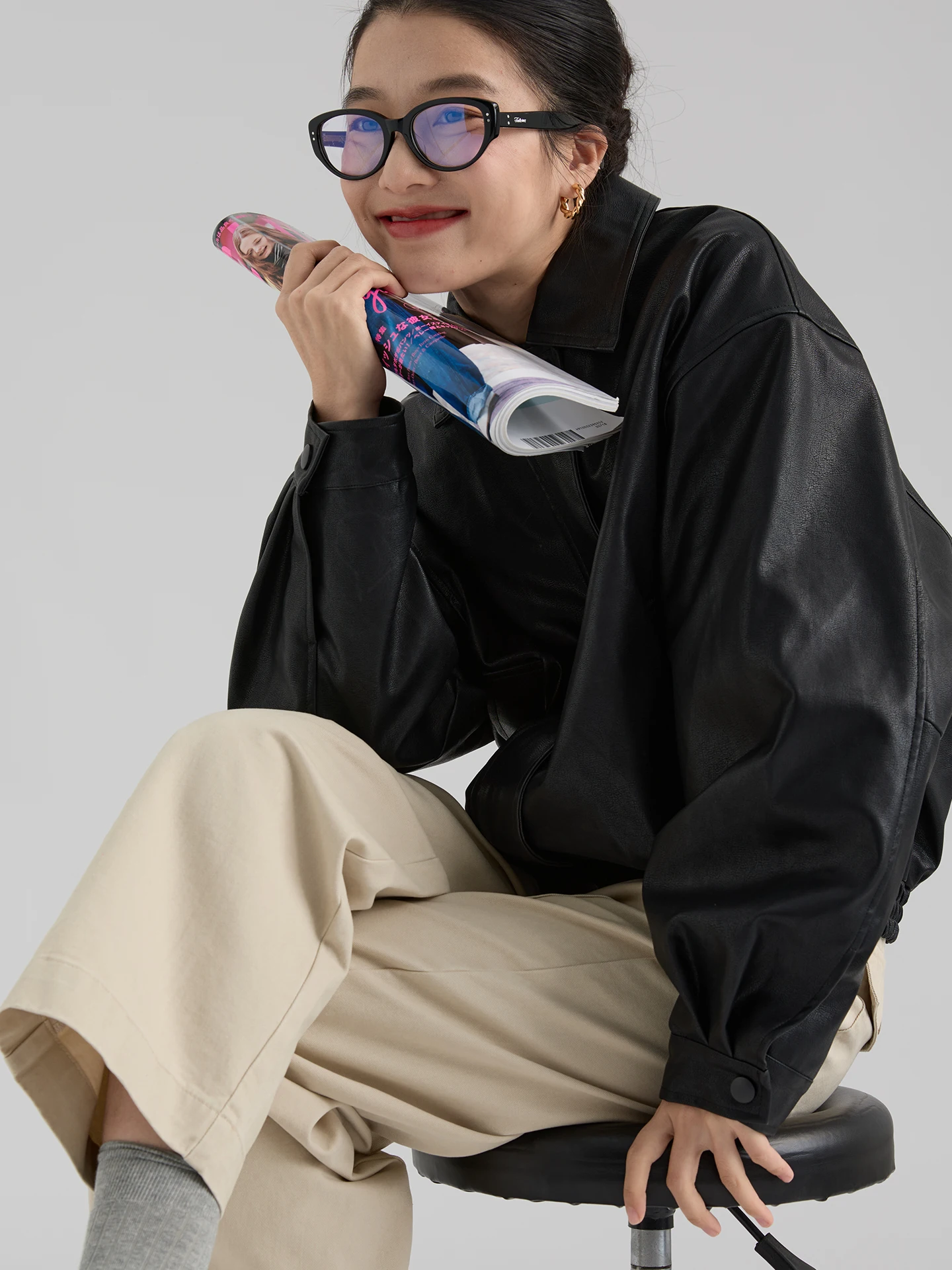 Jaqueta Feminina de Couro Solta Estilo Coreano com Gola Virada, Nova Coleção Primavera Outono, Casaco Feminino da Moda