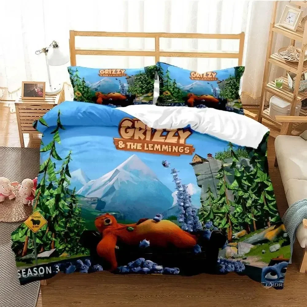 Grizzly & The Lemmings Cartoon Anime Printed Bed Set Duvet Cover Pillowcase Bedding Set Linen Sheet Quilt Cover Full Bed Size