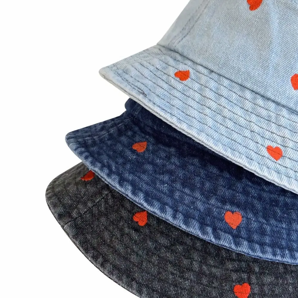 Watermelon Strawberry Embroidered Denim Bucket Hat Butterfly Pattern Wide Brim Denim Fisherman Hat Beach Hat Spring and Summer