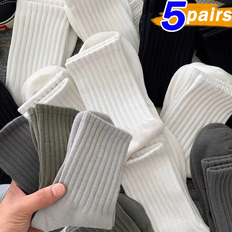 

5pairs White Black Mid Tube Socks Men Non-slip Stripe Versatile Business Male Sock Casual Simple Sports Cotton Floor Sox