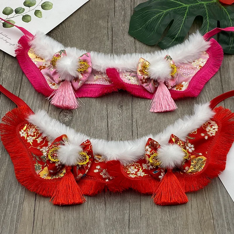 Cat Accessories Chinese Lunar New Year Decoration Red Pink Scarf Puppy Bib Pet Necklace Collar With Tassels Pets Party Costume ﻿