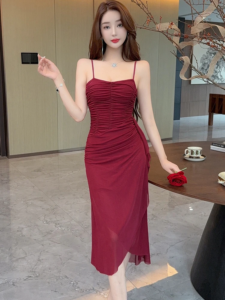 2025 Red Mesh Pleated Bodycon Sling Sexy Long Dress Summer Elegant Casual Ruffled Prom Dresss Women Korean Vintage Evening Dress