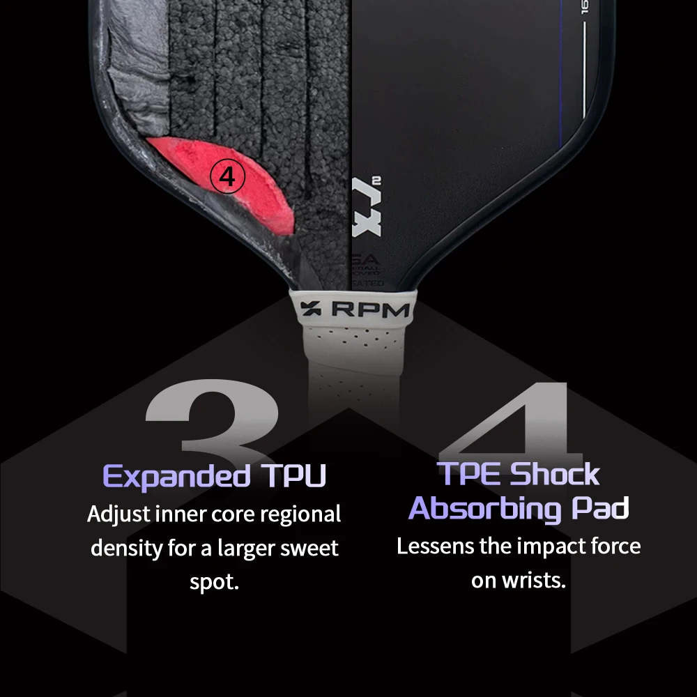 Neues Modell RPM-Q2 Pickleball-Schläger, Toray T700 Kohlefaser, rau strukturierte Oberfläche, thermogeformter Voll-EPP-Schläger mit hoher Rückfederung. – Detail 4