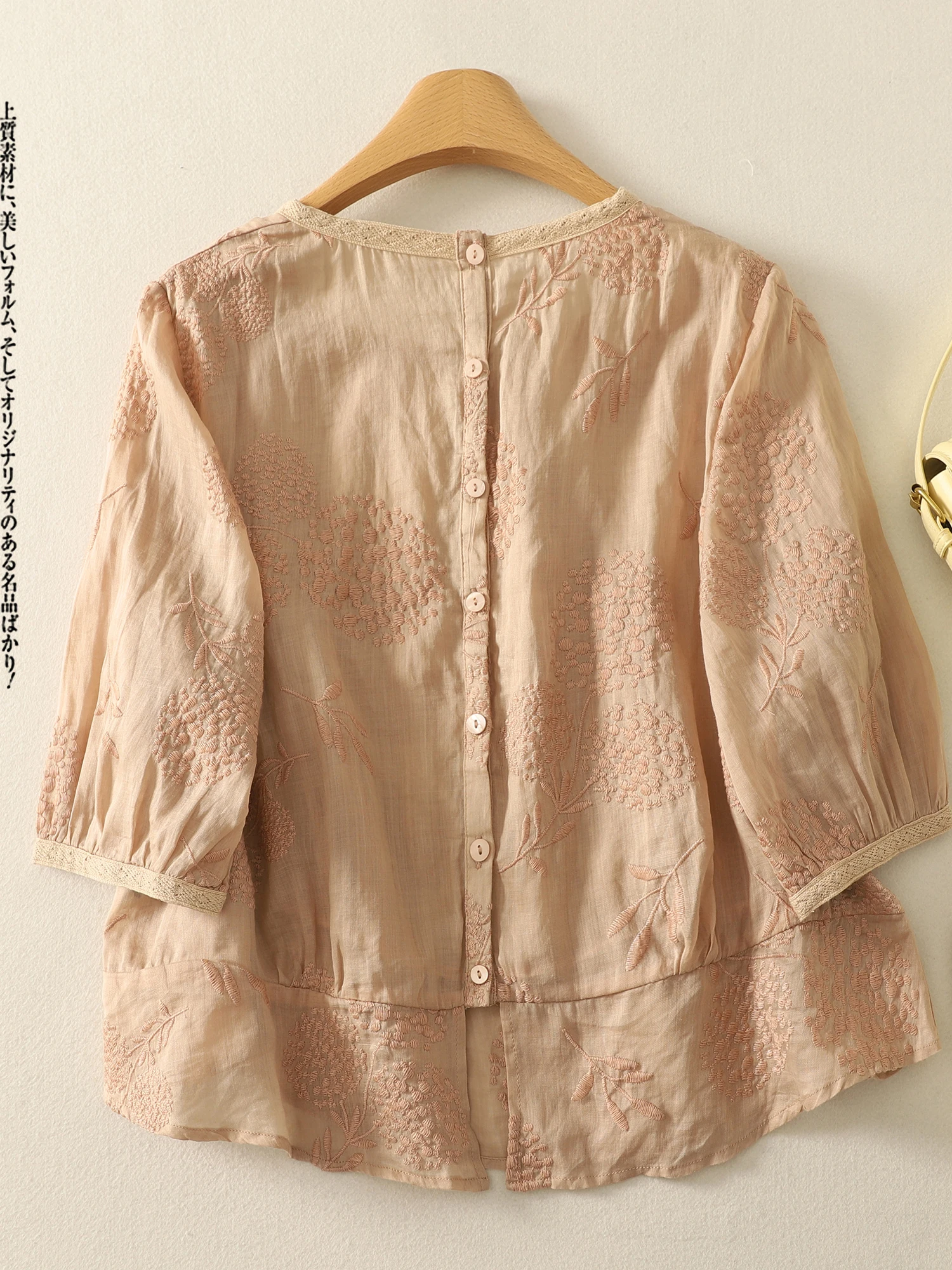 Atasan Kasual Wanita Musim Panas Bahan Katun Linen Bordir Berat Kerah Kotak Lima Lengan Panjang Bordir Tebal