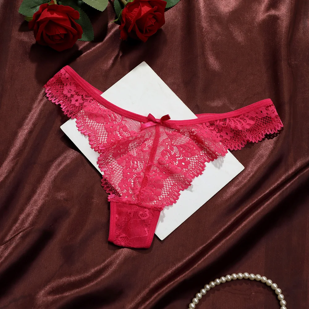 Tanga sexy con encaje para mujer, ropa interior transpirable con aberturas, cintura baja, lazo de mariposa, color liso