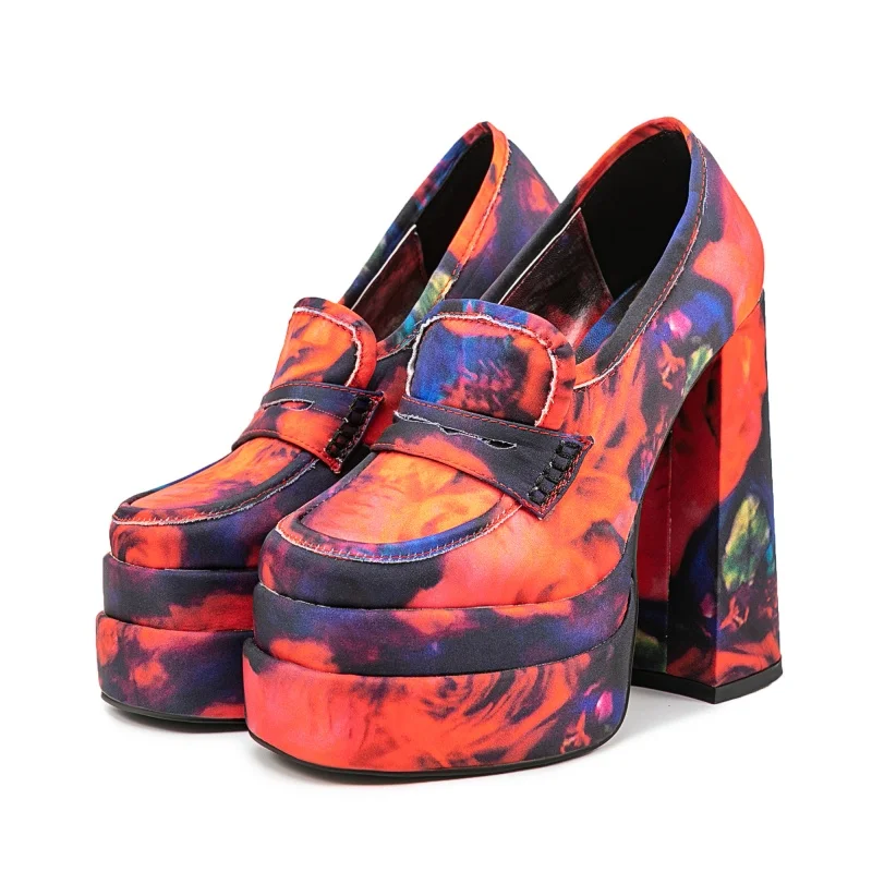

Fashion Thick Bottom Women Pumps Casual Super High Heel Large Size Single Shoes Platform Square Toe Floral Prints Female Loafers