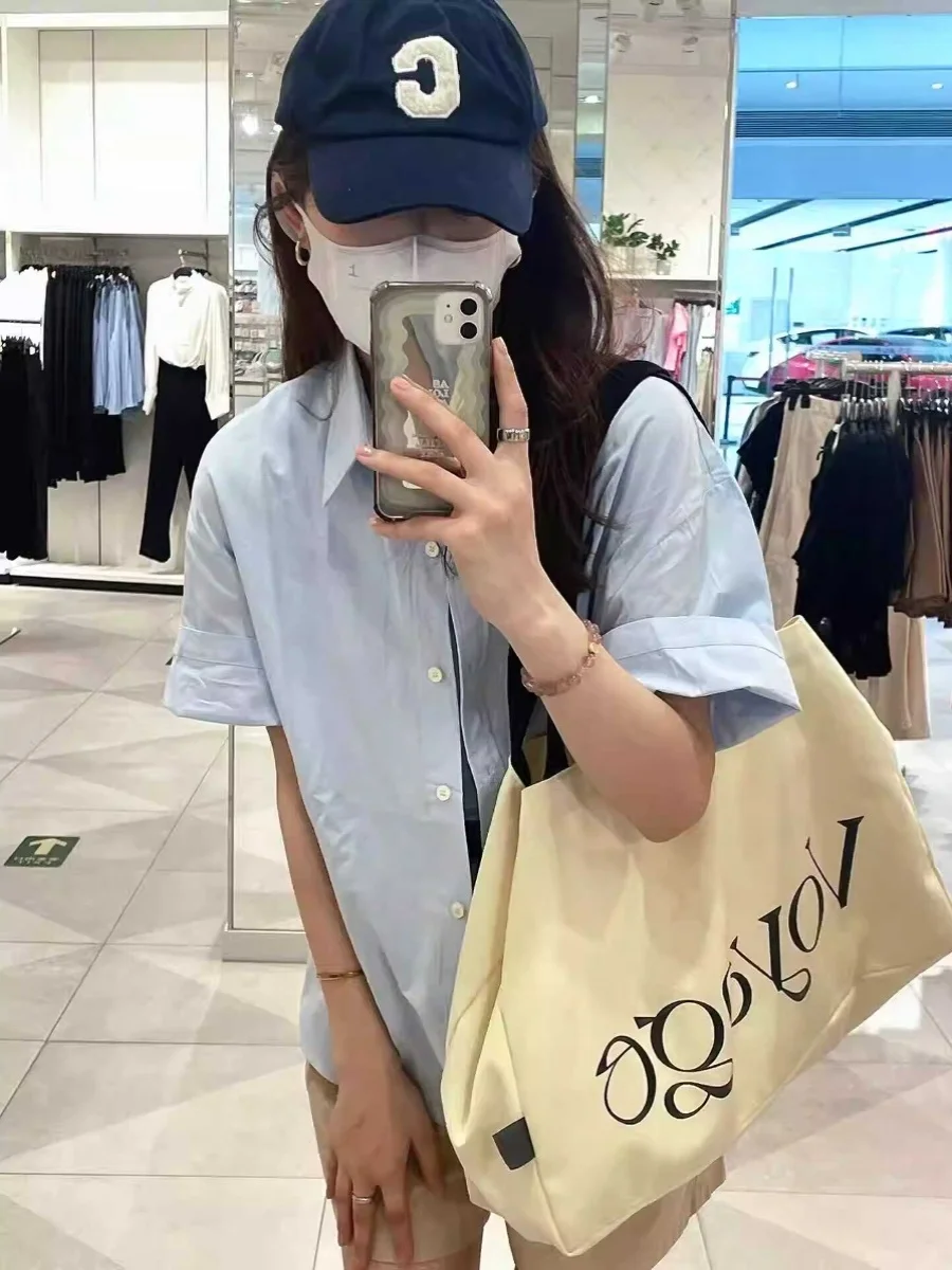 

Blue Simple Short Sleeve Shirt Women's Summer Loose Versatile Shirt Layering Small Korean Version Collar Pure Color