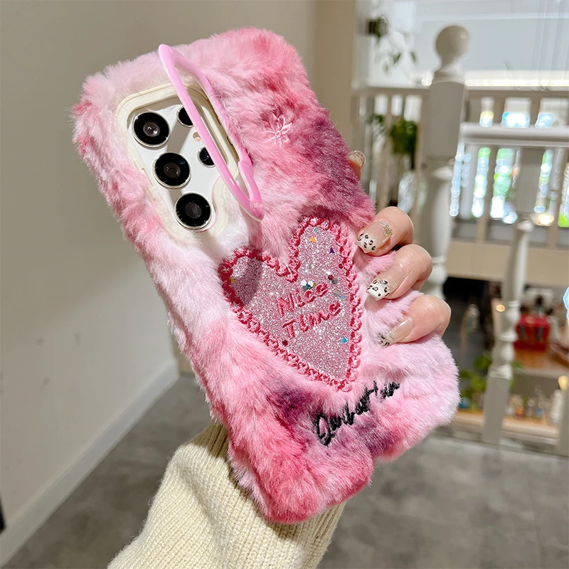 Glitter Luxury Love Plush Warm Embroidery Cover Case For Galaxy S25 S24 Ultra S23 Plus A14 A15 A16 A17 A36 A56 A35 A55 A05S A54