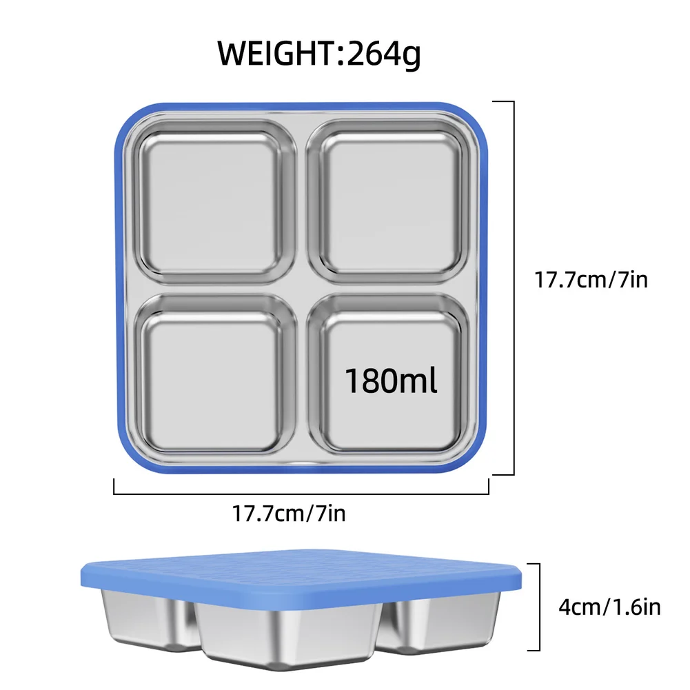 

Stainless Steel 4 Way Snack Container Set with Leak Proof Silicone Lid Stackable Portable for Daily Meal Preparation