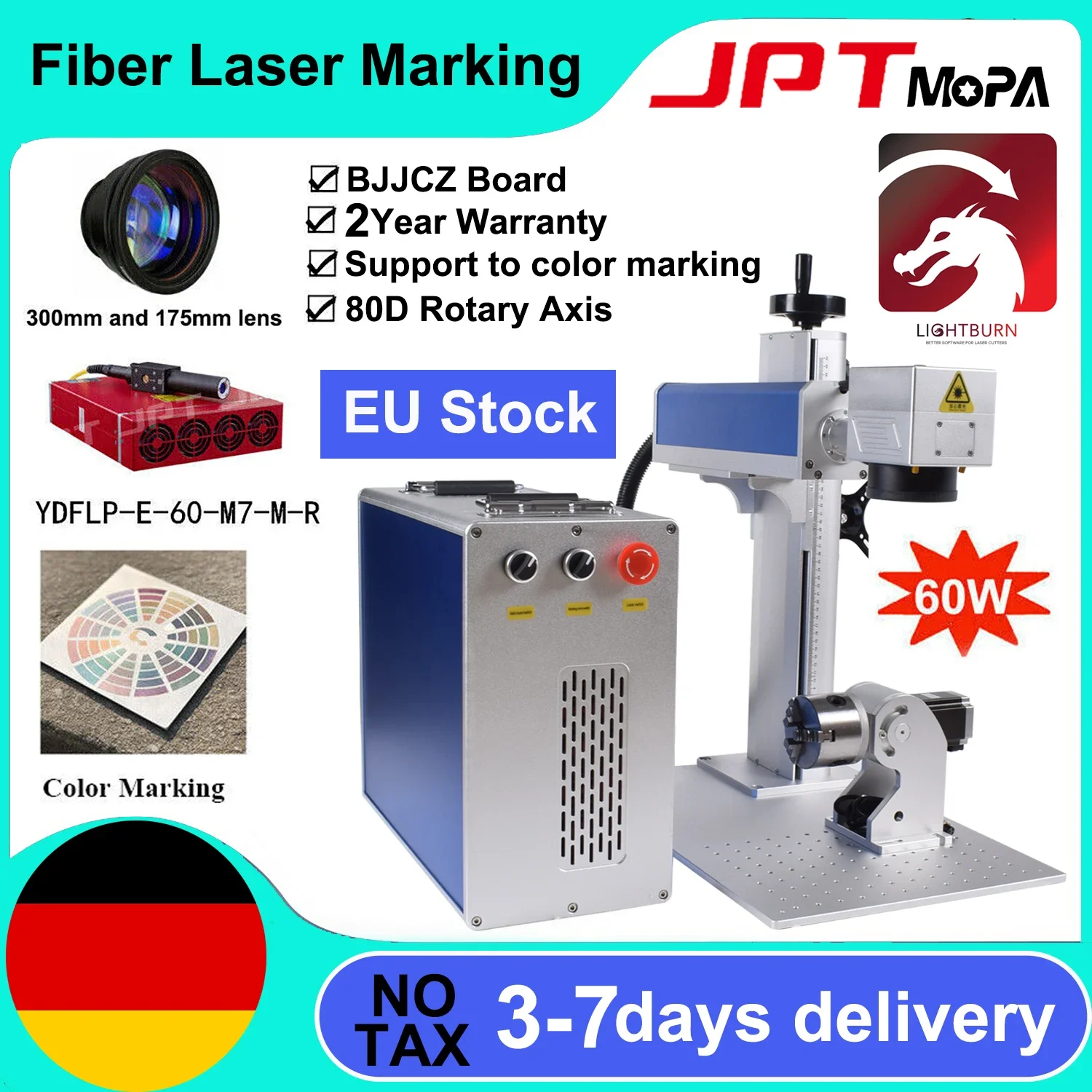 

JPT 60W MOPA Fiber Laser Marking Machine for Metal Engraving 60W JPT M7 MOPA 30W JPT Fiber Laser 1064nm with Rotary Axis EU Ship