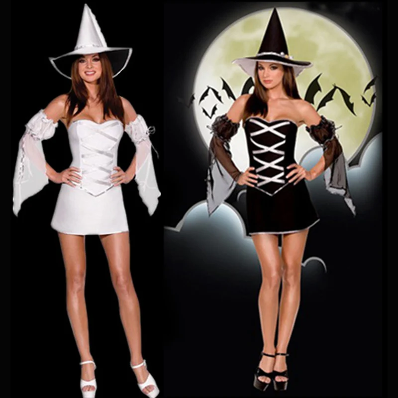 Women Costume Fancy Dress Black and White Witch Costume Halloween Cosplay Dress with Muffs Women Carnival Costume