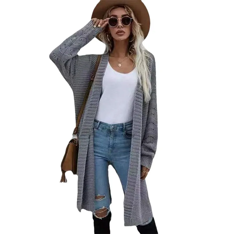 Long Cardigan Solid Color  and  Women\'s Spring and Autumn Knitted Fashion Sweater Outerwear ​