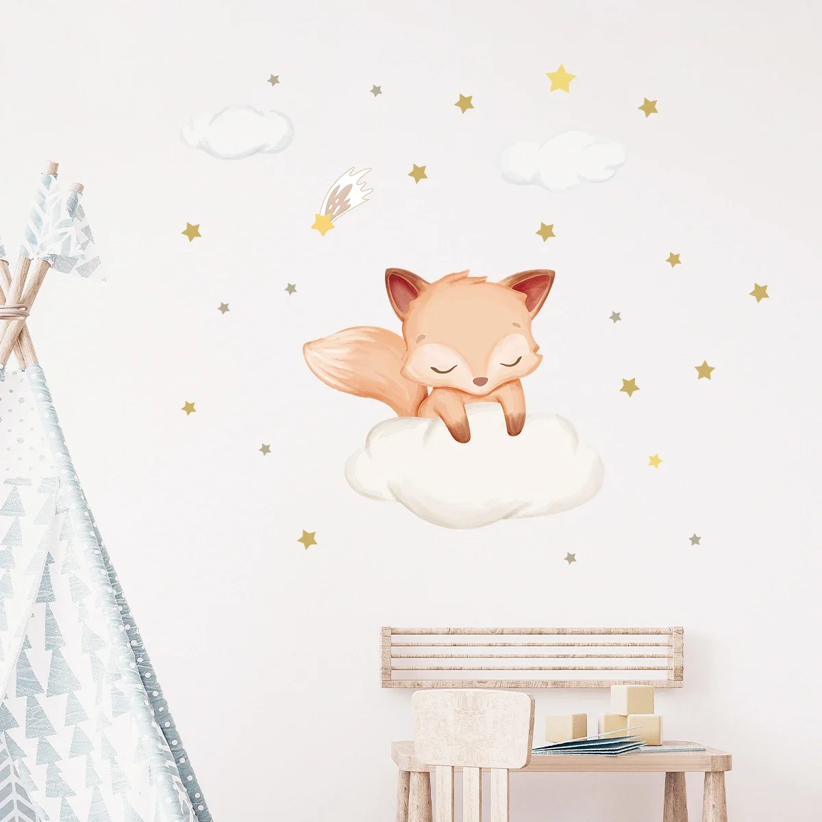 Cartoon Cute Sleeping Fox on The Cloud Animal Wall Stickers Removable for Bedroom Living Room Nursery Decoration Wall Decals