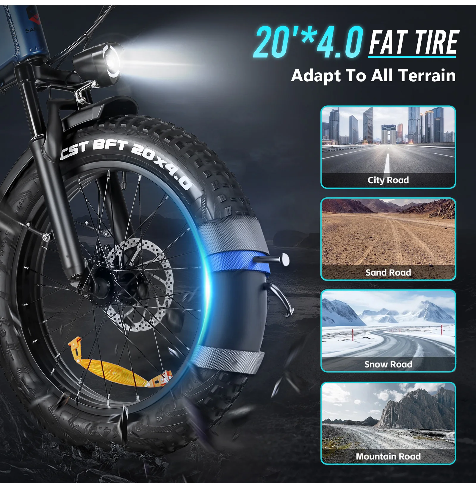 Samebike RS-A02 Pro Faltbares Elektrofahrrad für Erwachsene, 20x4,0 Zoll Fatbike Mountainbike mit 48V 15Ah Abnehmbarem Akku, 25 km/h und Reichweite bis 80–100km – Detail 9