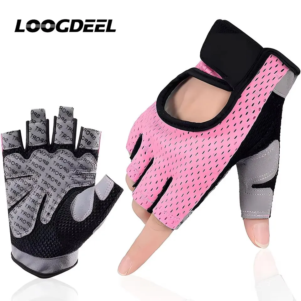 LOOGDEEL Sporthandschuhe, halbfingerig, mit Luftlöchern, atmungsaktiv, Ausrüstung, Fitnessstudio, Radfahren, rutschfest, stoßdämpfend, für Männer und Frauen