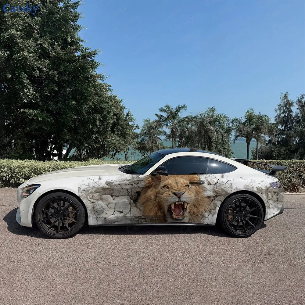 2pcs Stone Wall Collapse Majestic Lion Car Side Wraps, Self-Adhesive PVC Waterproof & Scratch-Resistant Stickers, Car Accessory