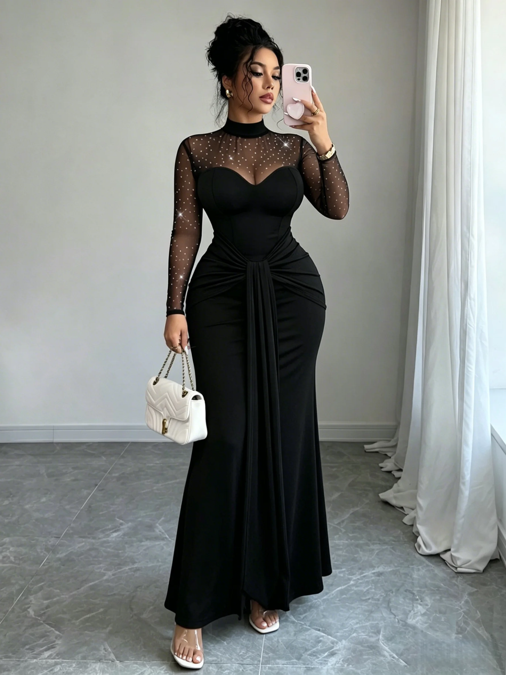 

Women Evening Dress Black Mesh Long Sleeve Ruched Waist Mermaid Maxi Dress Elegant Party Cocktail Spring Summer Dress Customized