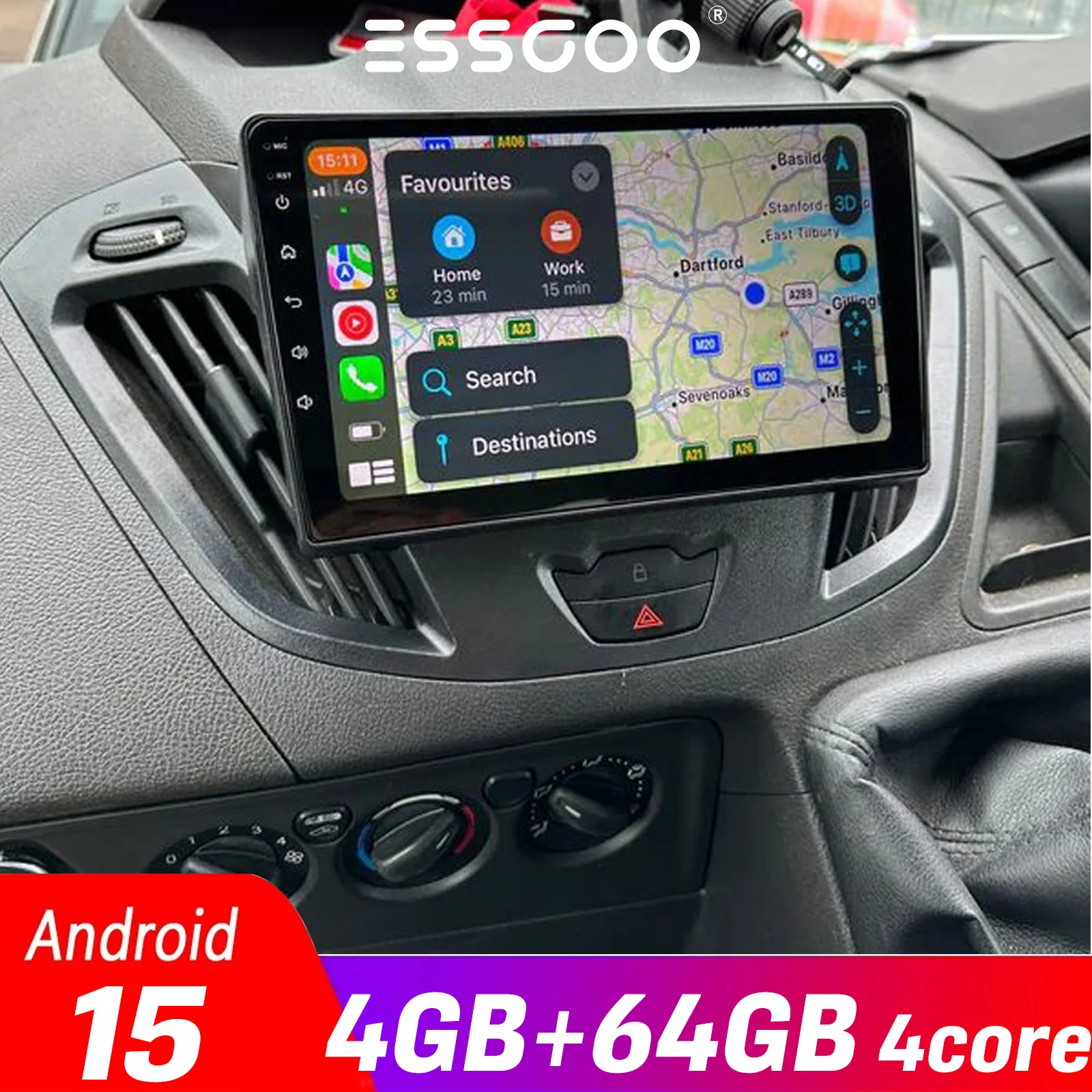 4GB+64GB Android 15 Autoradio für Ford Transit 2013-2018, Carplay & Android Auto, WLAN, GPS Navigation, 2 DIN Auto Multimedia Videoplayer, Stereo-Autogerät ESSGOO