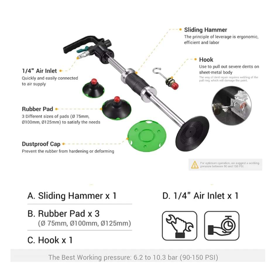 Bomba ventosas extrator de amassados slide martelo pneumático sucção de ar extrator de amassados de carro ferramentas de reparo pdr