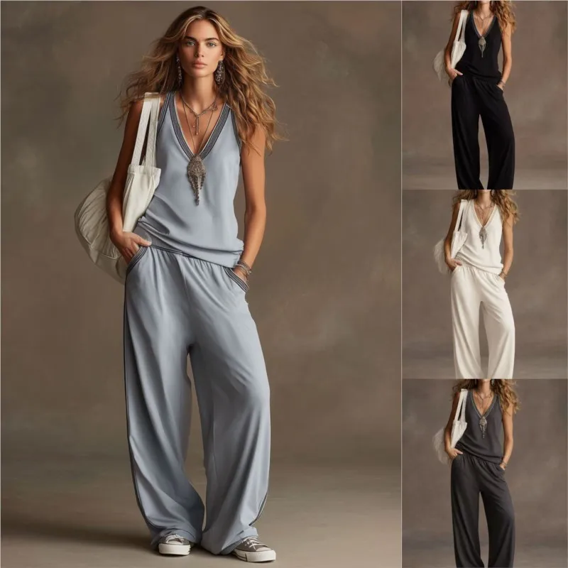 

Vest V-neck Sleeveless Wide-leg Pants Suit 2026 Spring Summer New Style Loose Drape Soild Color Casual Two-piece Set For Women