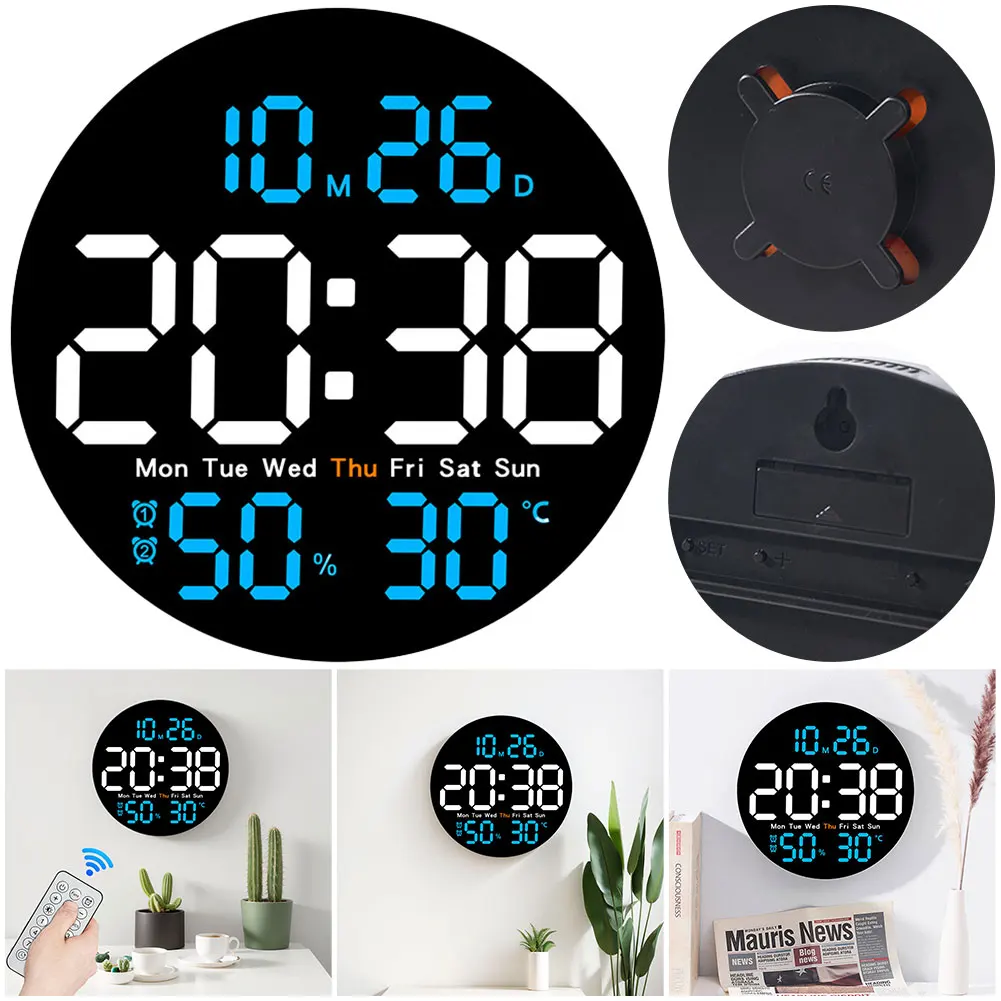 10 Inch LED Wall Clock Remote Control Large Digital Wall Clock Dual Alarms Wireless Smart Thermometer Hygrometer Home Decoration