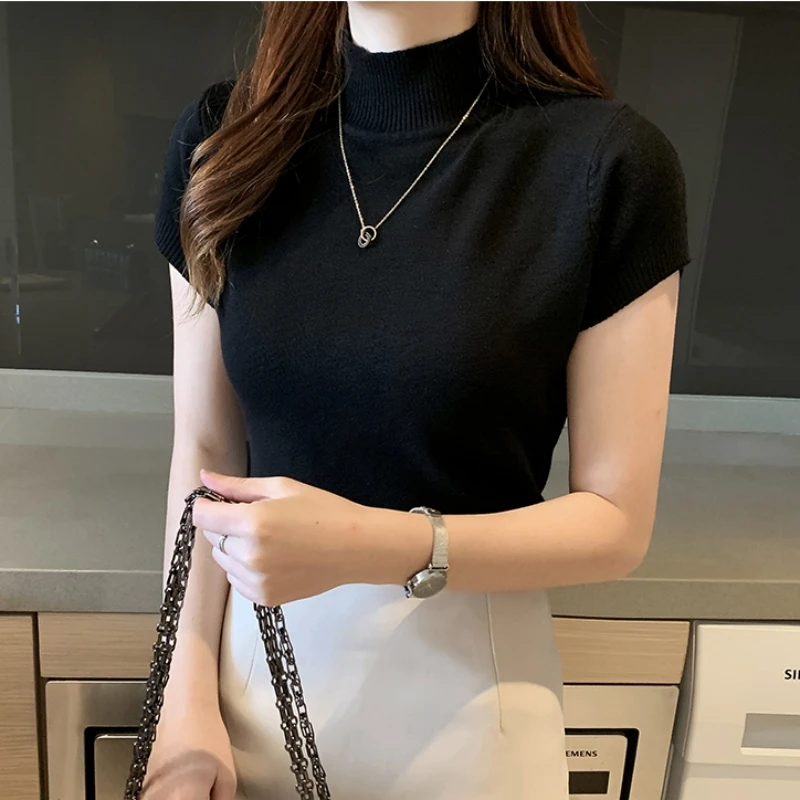 2024 Fashion Spring Korean Casual Women Clothing New Knitted Tops Summer Solid Slim Knitwear Turtleneck Blouses 8622