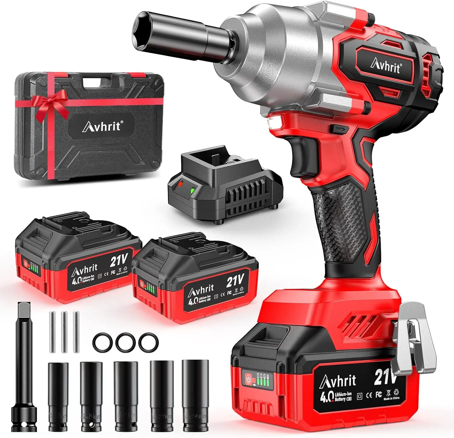 Cordless Impact Wrench 1/2 inch 850Nm/630Ft-lbs 1/2 Impact Wrench High Torque Impact Gun w/ 2x 4000mAh Battery Charger&5 Sockets