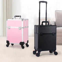 Aluminum Rolling Makeup Train Case, Portable Makeup Organizer Suitcase, Cosmetic Storage Box, Travel Beauty Luggage Trolley Lock