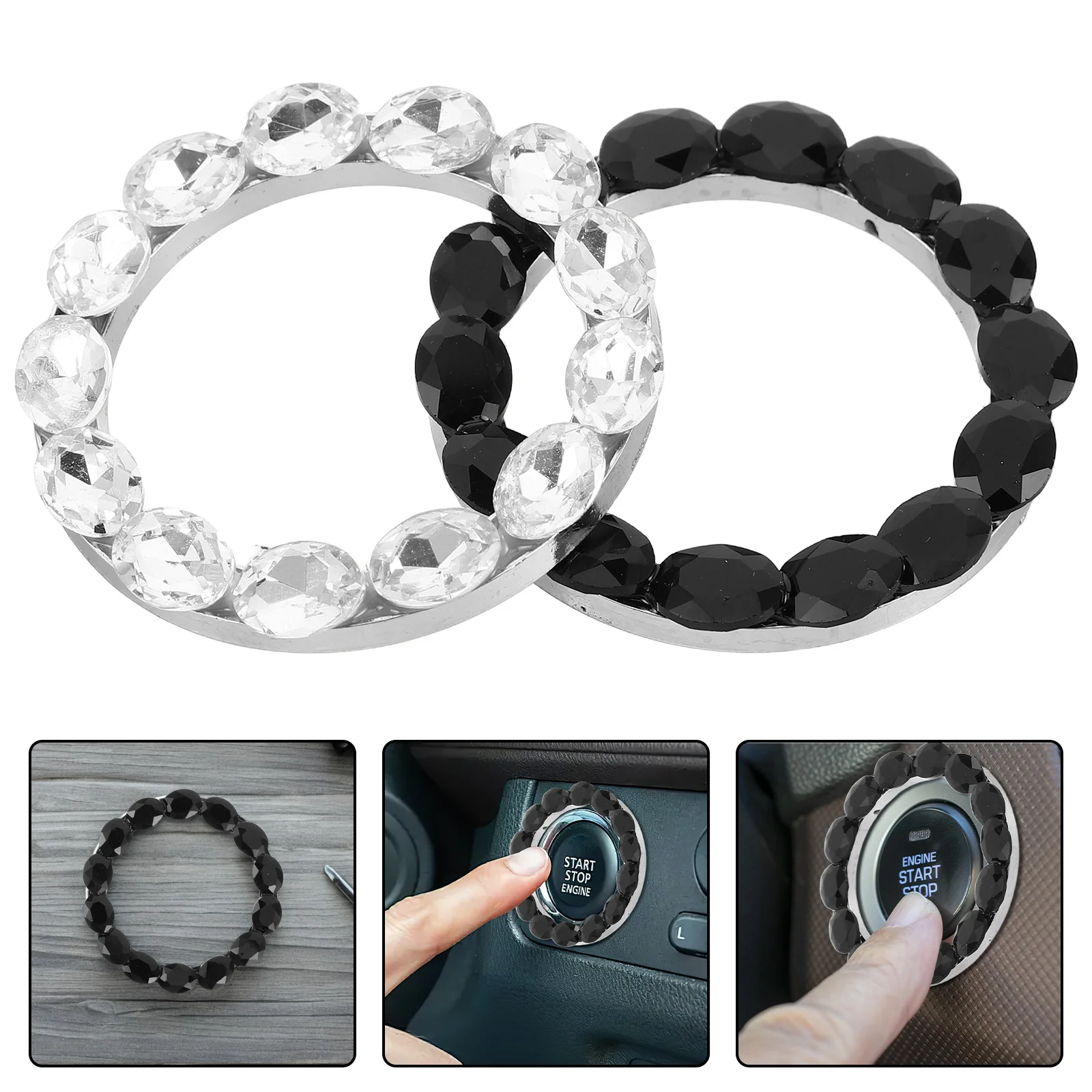 

2Pcs Black White Rhinestone Push Start Button Cover Crystal Car Engine Starter Stop Ring Bling Interior Decoration