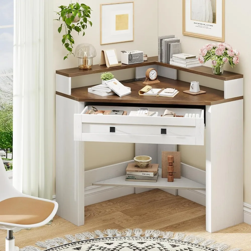 مكتب زاوية، مكتب كمبيوتر مثلث، محطة عمل المكتب المنزلي مع درج وحامل شاشة لزاوية المزرعة للمساحات الصغيرة #4