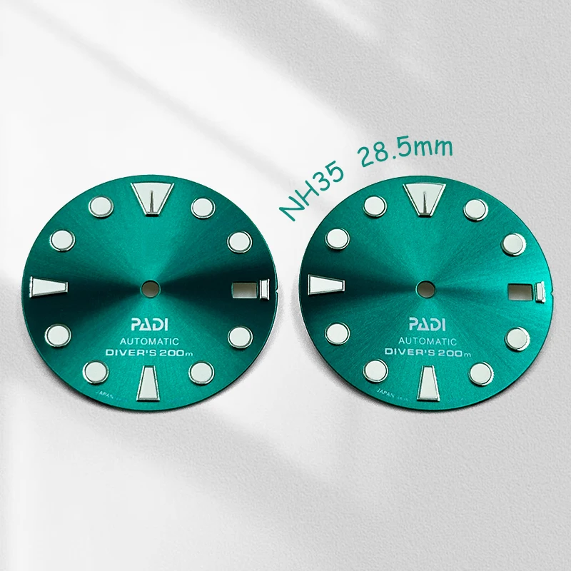 

Mod Sunburst Cyan 28.5mm Dial Green Luminous Custom Logo NH35 Watch Dial Fit Japanese Movement Turtle Tuna Watch Repair Parts