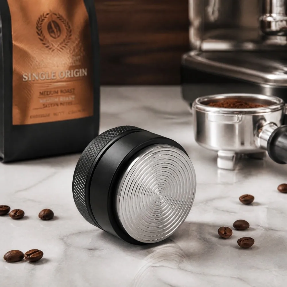 Height Adjustable Coffee Distributor Non-Slip Thread Base 51mm Coffee Tamper Non-Slip Handle Stainless Steel Coffee Tamping Tool