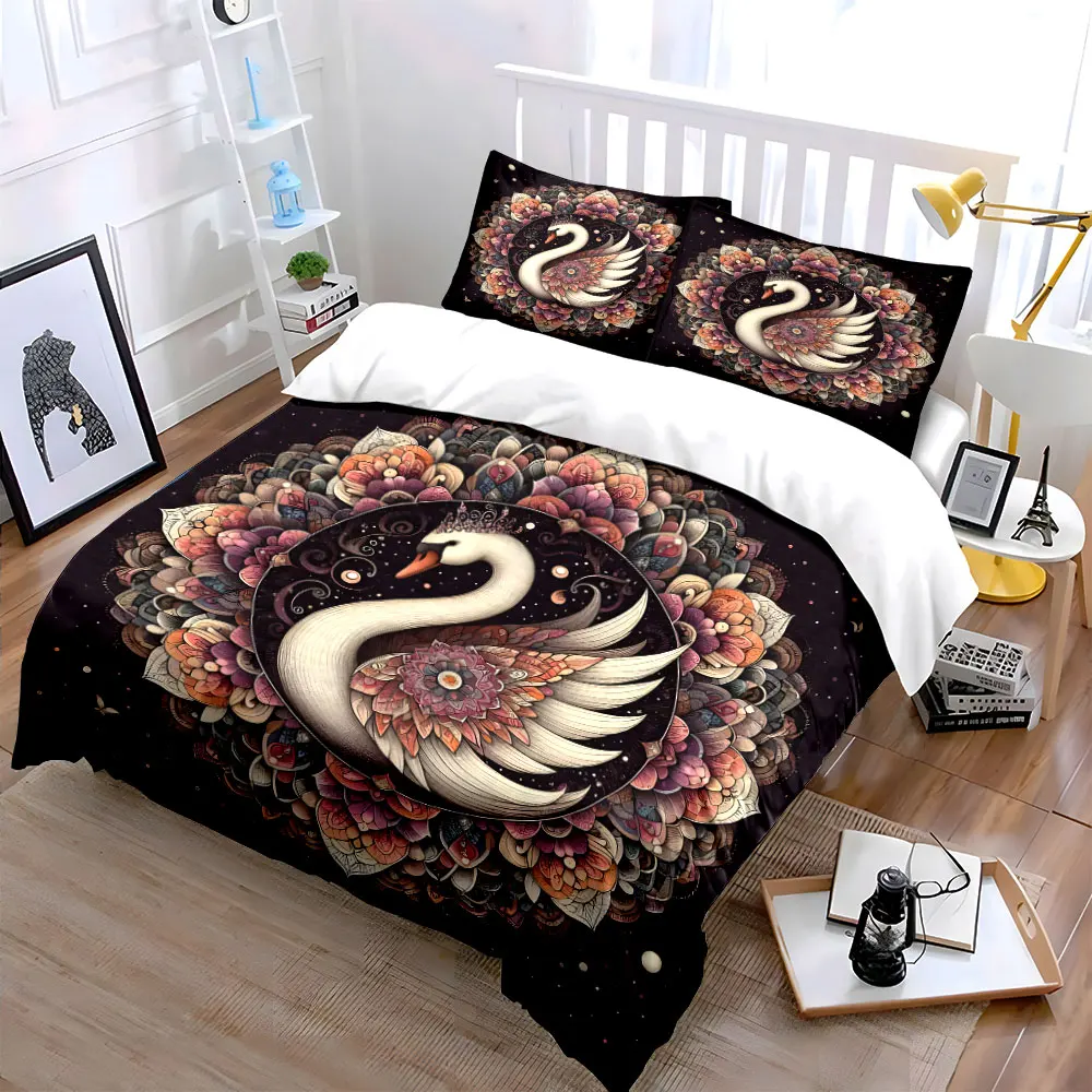 Elegant Swan Mandala Three-Piece Set Exquisite three-piece bedding set gift for kids and adults