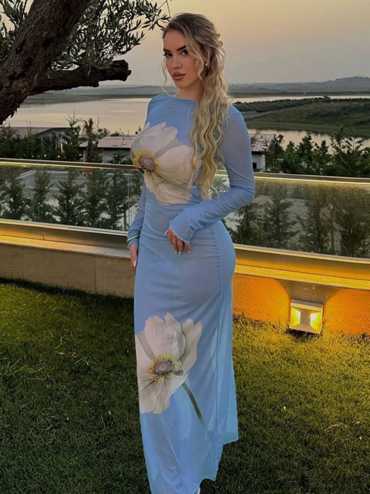 فستان ماكسي مثير بطباعة شبكية من Blifanbo للنساء بأكمام طويلة وظهر مكشوف فستان صيفي مثير للعطلات #1