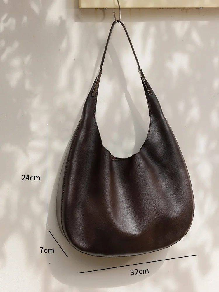 Minimalist Genuine Leather Women's Bag 2026 New Vegetable-tanned Top-grain Cowhide Underarm Bag Relaxed Large-capacity Tote Bag