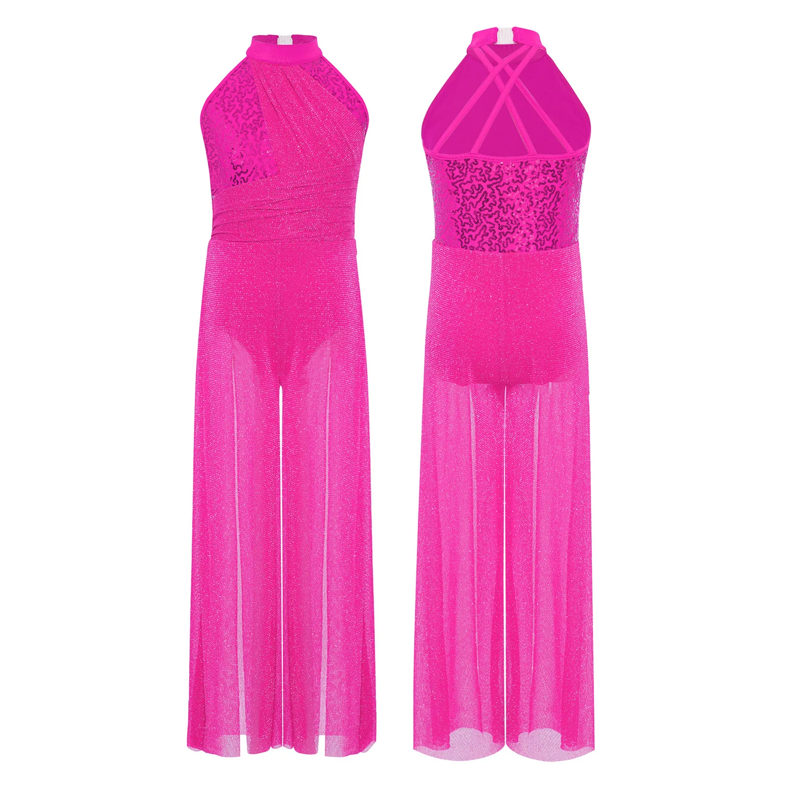 Kids Girls Lyrical Crisscross Back Jumpsuit Sleeveless Mock Neck Shiny Sequins Shimmery Mesh Split Wide-Leg Dance Bodysuit