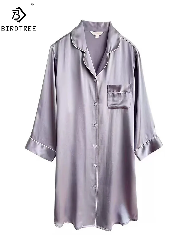 

BirdTree, 19MM 100%Real Silk Pajama Dress, Women Long Sleeve, Boyfriend Style Loose Sleepwear, 2024 Summer Nightgown P439105QM