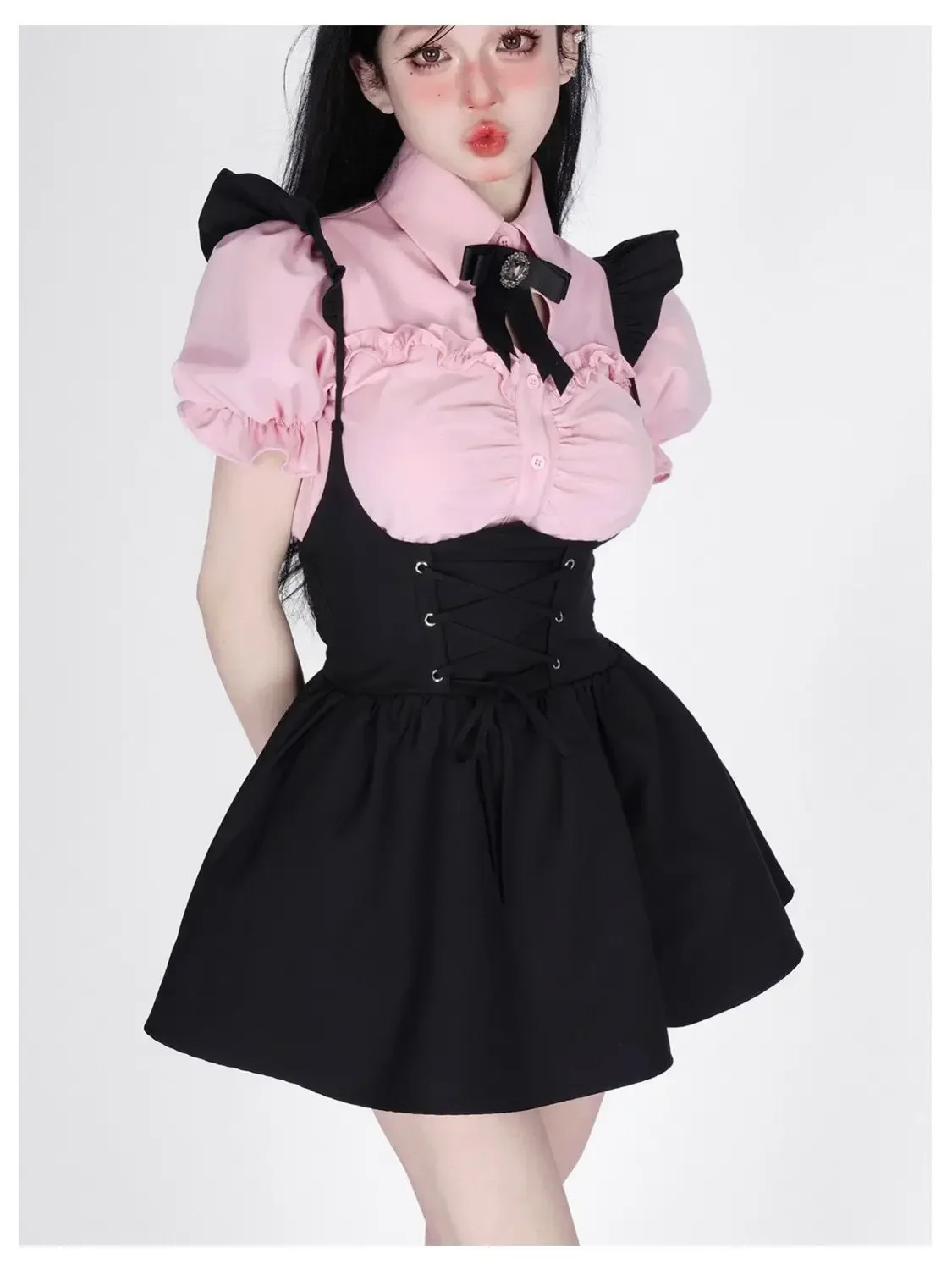 Korean Style College JK Girl Doll Collar Bow Shirt High Waist Lace-up Ruffled Sweet Lolita Strap Skirt Y2K Princess Mini Skirts