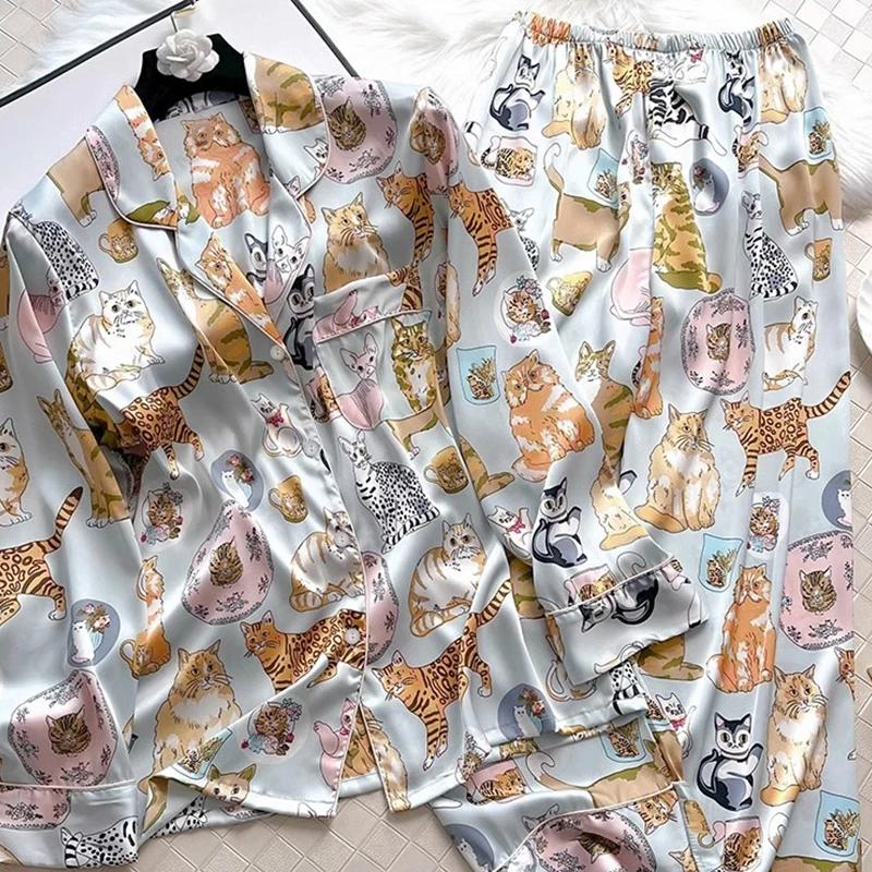 女性用ソフトアイスシルクパジャマ,ラペルボタン付きカーディガンセット,かわいい猫柄,女の子用,新品,秋