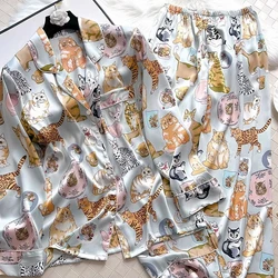 Autumn New Ice Silk Soft Pajamas for Women Lapel Button Cardigan Sets for Women 2 Pieces Cute Cat Printing Pajamas for Girls