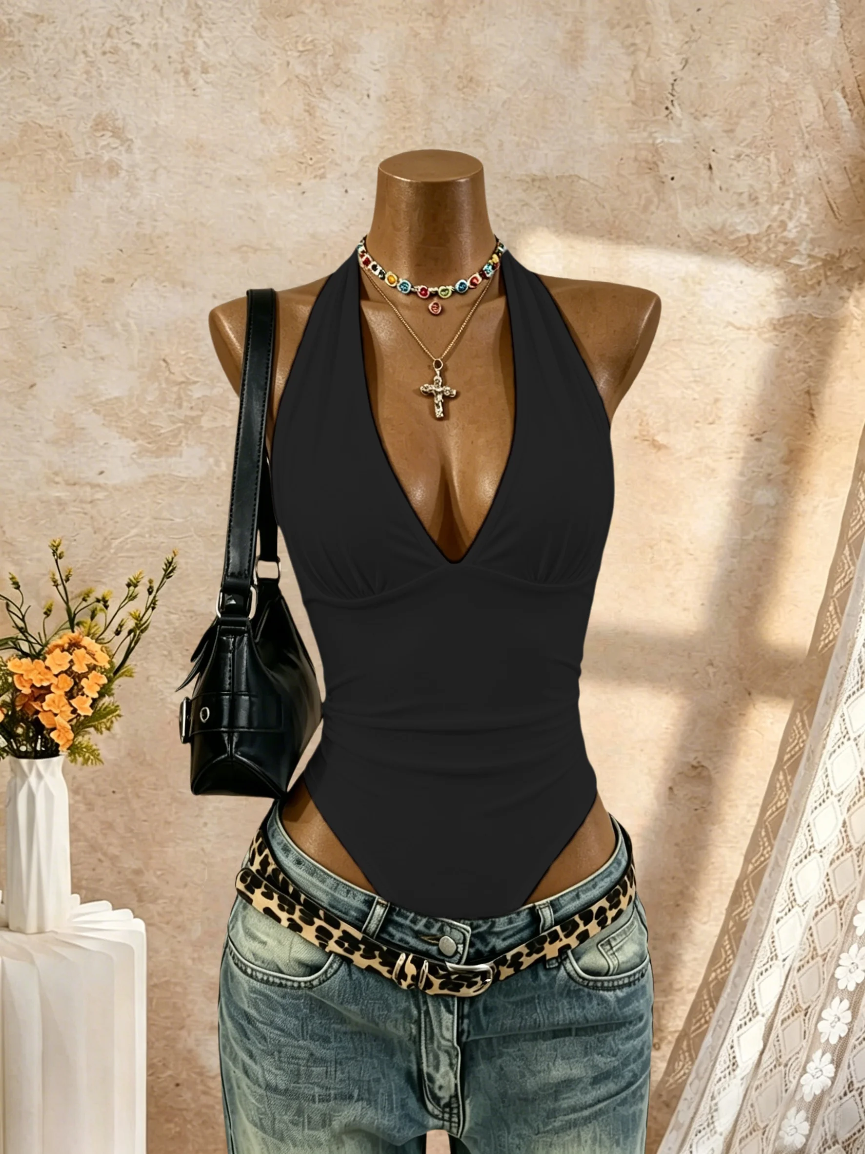Women Halter Deep V Neck Bodysuit Solid Color Sleeveless Ruched Front Slim Fit Basic Jumpsuit Tank Top