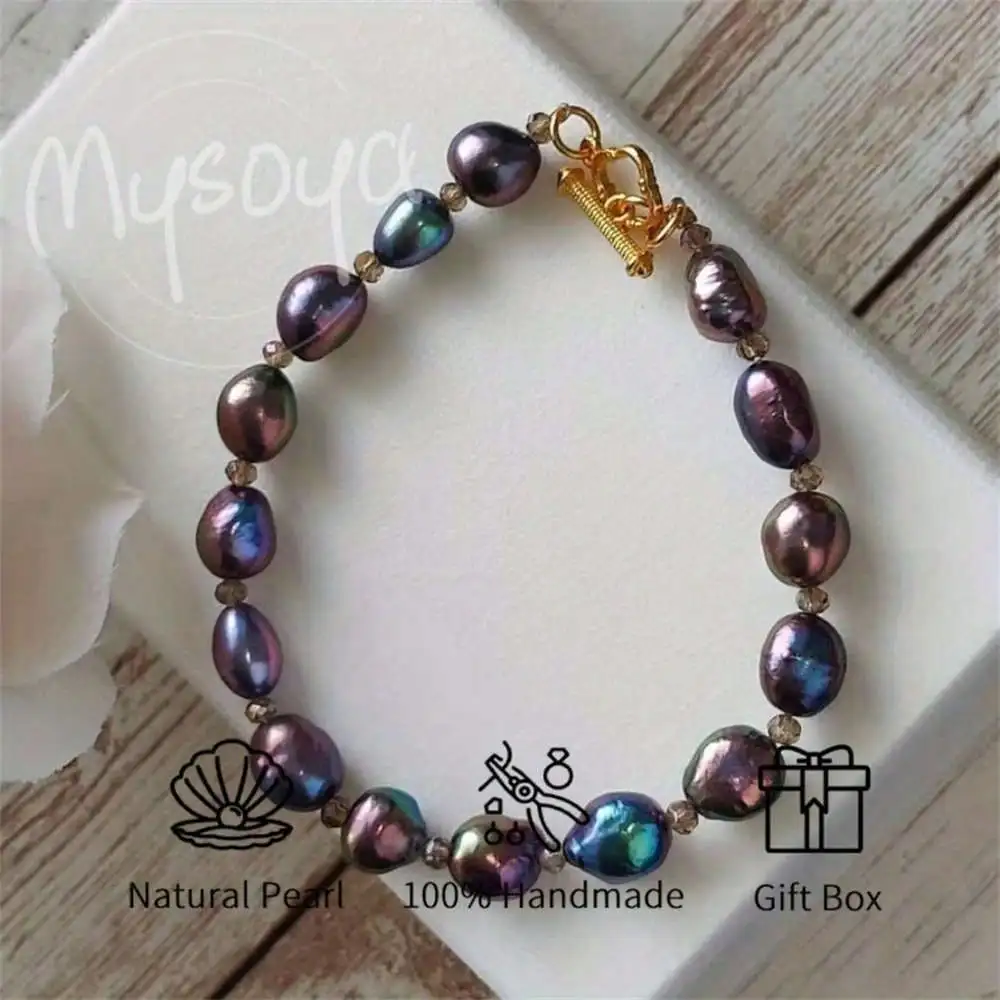 

MYSOYA Baroque Black Multicolor Pearl Bracelet 7-8mm Pearls Gift Box Gift for Her Wedding Jewelry Christmas Anniversary Gift
