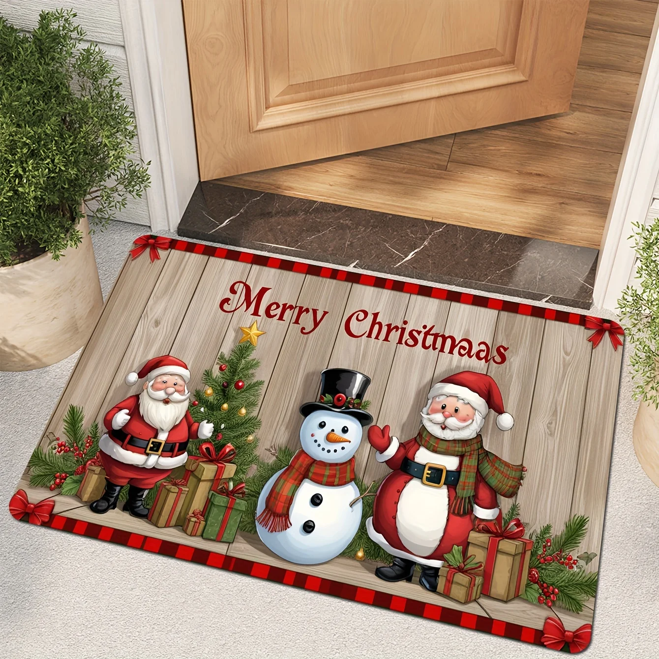 Open a Christmas Wood Grain Element Mat, Fashionable Christmas Living Room Mat, Fluffy Mat, Soft Home Decor Mat, Household Bat