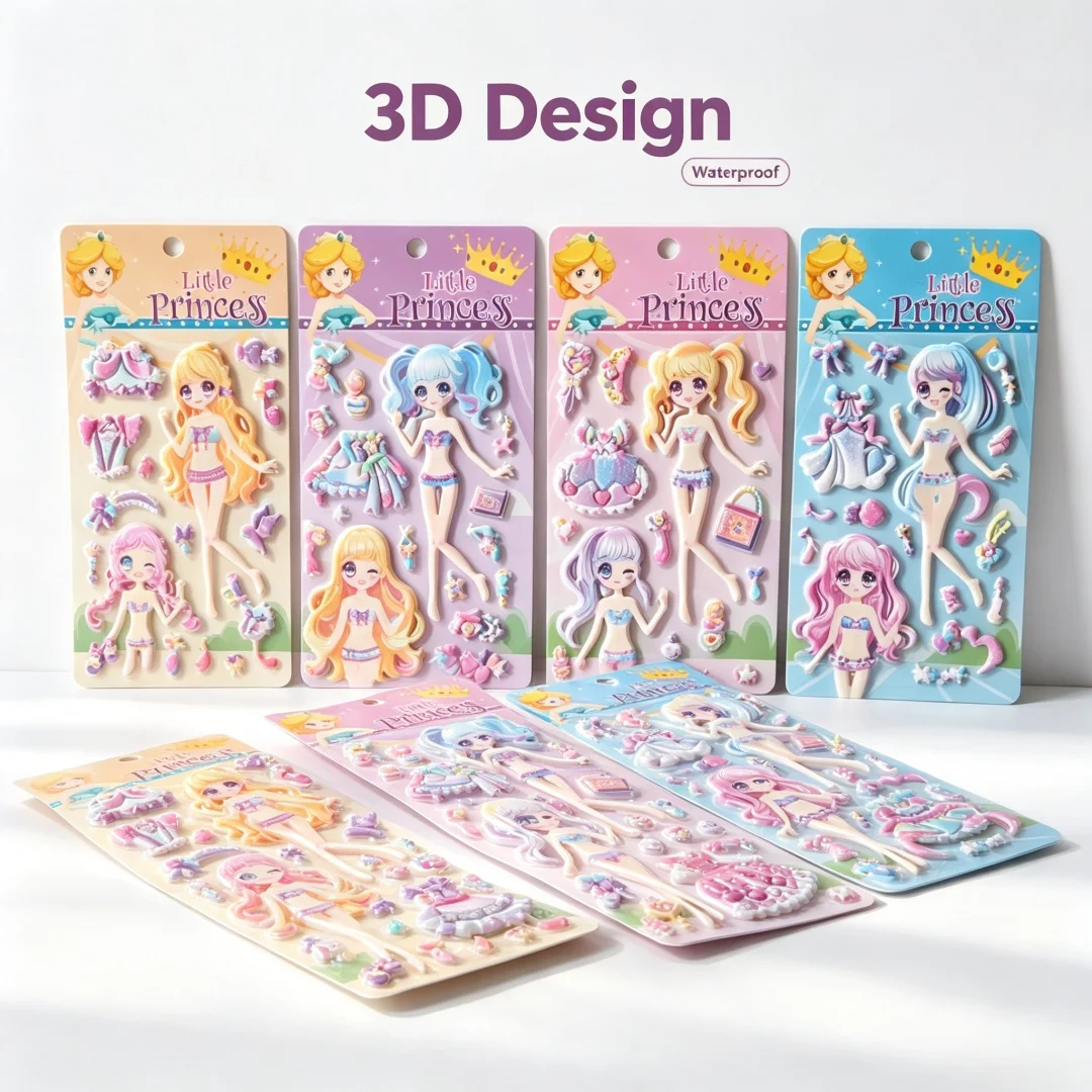 4 Sheets Princess Dress Up Puffy Stickers, 3D Foam Bubble Anime Doll Changing Clothes Stickers for Girls DIY Crafts