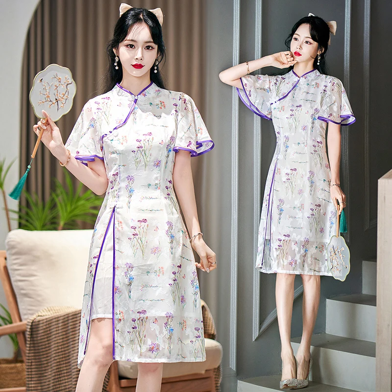 Robe qipao rétro de style traditionnel chinois, nouvelle mode d'été, manches courtes, jeune cheongsam amélioré