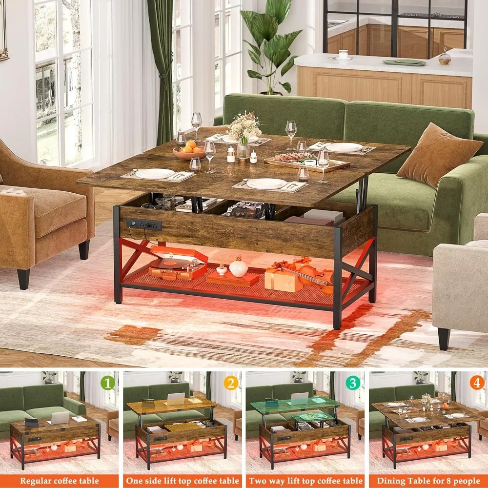Coffee Table Lift Top with LED Light and Power Outlet, Multi-Function Coffee Table Converts to Dining Table, Center Table with