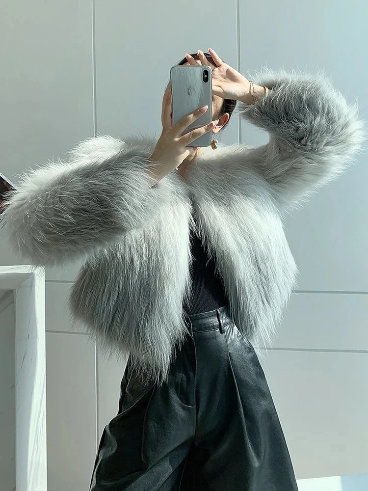 Color Gradient Real Fur Coat Women Luxury Double-sided Woven Raccoon Dog Warm Autumn Winter Jackets Female