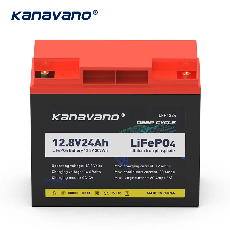 Kanavano Rechargeable 12v 24Ah Lifepo4 Battery Pack For Solar Energy Storage Systems Deep Cycle Battery With 4A EU/US Charger