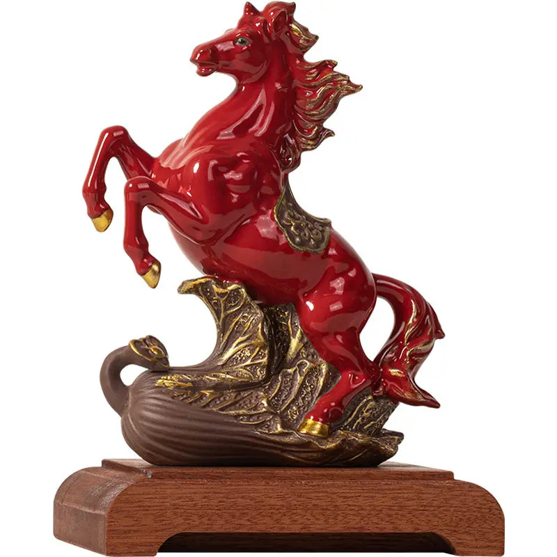 

PYH red ceramic horse ornament Chinese style auspicious horse to success living room entrance decoration home